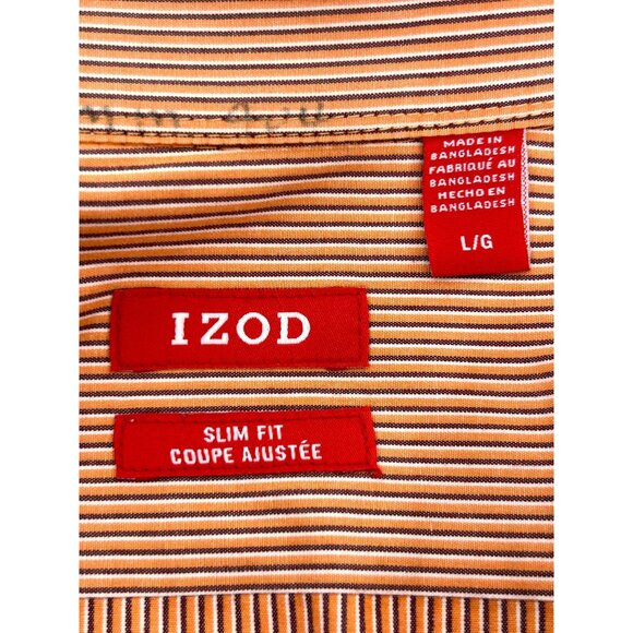 IZOD Men’s Button Up Shirt Orange White Striped L Slim Contrasting Cuff, Placket - Picture 3 of 10